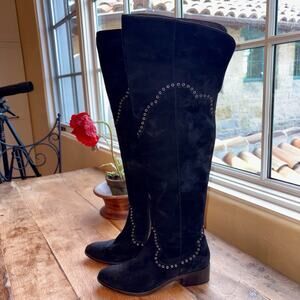 Frye Knee High Boots Womens Size 7 M Black Suede Tall Ray Grommet Opt Fold EUC